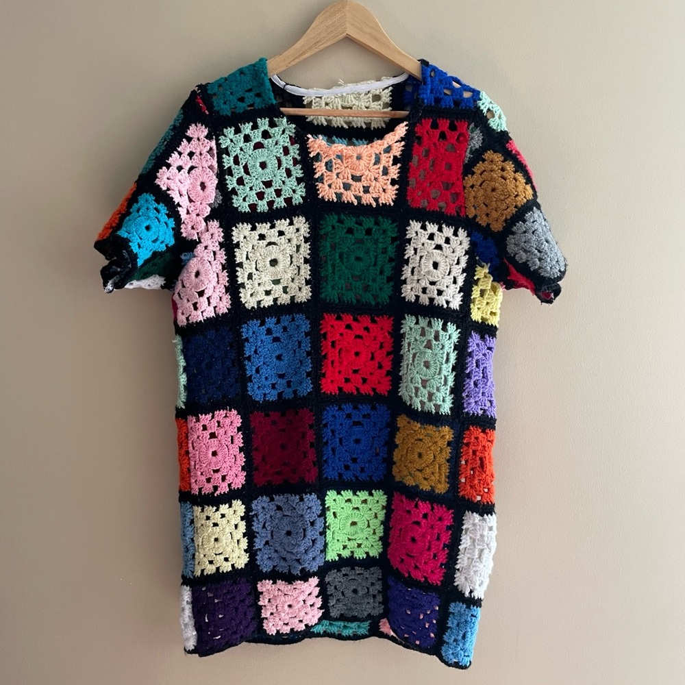Upcycled‎ Granny Square Crochet Tunic Sweater Homemade Afghan Fits like S/M